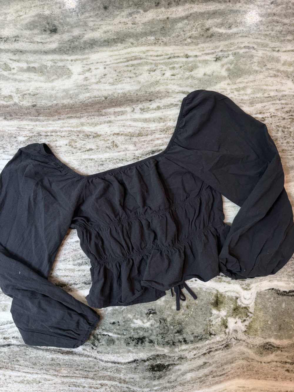 Women's Black Puff-Sleeve Smocked Peasant Blouse